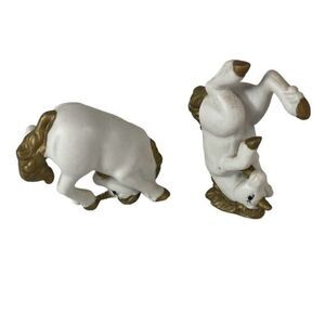 2 Vintage bisque Ceramic Tumbling Small Unicorn Figurine, gold accents Mythical